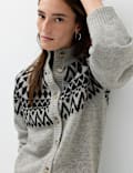 Fair Isle Funnel Neck Button Front Slim Fit Cardigan with Wool