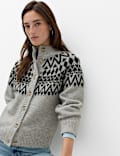 Fair Isle Funnel Neck Button Front Slim Fit Cardigan with Wool