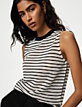 Striped Round Neck Knitted Vest with Linen