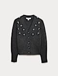 Embellished V-Neck Cardigan with Wool