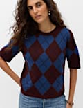 Air Yarn Argyle Relaxed Crew Neck Knitted Top