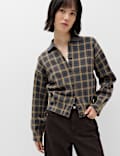 Checked Collared Button Front Cardigan with Wool