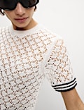 Pointelle Crew Neck Tipped Detail Knitted Top