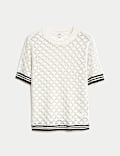 Pointelle Crew Neck Tipped Detail Knitted Top