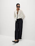 Pointelle Crew Neck Tipped Detail Button Front Cardigan