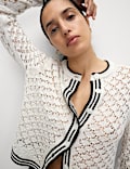Pointelle Crew Neck Tipped Detail Button Front Cardigan