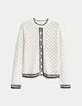 Pointelle Crew Neck Tipped Detail Button Front Cardigan