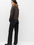Air-Yarn Collared Faux Fur Trim Knitted Jacket
