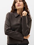 Air-Yarn Collared Faux Fur Trim Knitted Jacket