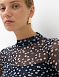 Mesh Jersey Polka Dot High Neck Fitted Top