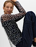 Mesh Jersey Polka Dot High Neck Fitted Top