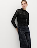 Velvet Mesh Funnel Neck Top