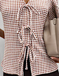 Gingham Textured V-Neck Tie Front Top