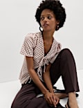 Gingham Textured V-Neck Tie Front Top
