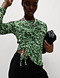 Top van mesh met lange mouwen, ruches en print