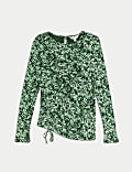 Top van mesh met lange mouwen, ruches en print