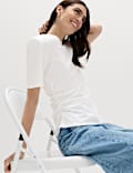 Pure Cotton Shoulder Pad Asymmetric Hem T-Shirt