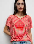 Linen Blend Striped V-Neck T-Shirt