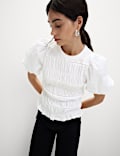 Top en jersey 100 % coton à manches bouffantes et détail smocké