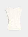 Ruched Mesh Slash Neck Top