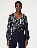 Bluse aus Baumwollmischung mit V-Ausschnitt und Muster