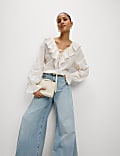 Pure Cotton Textured V-Neck Ruffle Blouse