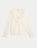 Pure Cotton Textured V-Neck Ruffle Blouse