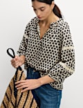 Pure Cotton Printed Notch Neck Puff Sleeve Blouse