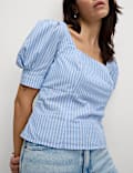 Pure Cotton Striped Square Neck Slim Fit Top