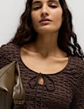 Textured Keyhole Tie Detail Long Sleeve Top