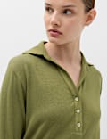 Long Sleeve Side Tie Polo Top with Cotton