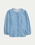 Denim Button Through Puff Sleeve Blouse