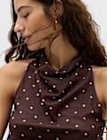 Mesh Polka Dot Cowl Neck Asymmetric Drape Vest