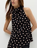 Mesh Polka Dot Cowl Neck Asymmetric Drape Vest