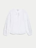 Pure Cotton Broderie Tie Neck Blouse