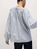 Pure Cotton Striped Tie Neck Blouse