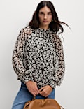 Sheer Floral Printed Long Blouson Sleeve Blouse