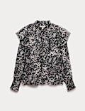 Printed Sparkly Shirred High Neck Ruffle Blouse
