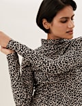 Cotton Rich Animal Print Funnel Neck Top