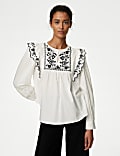 Pure Cotton Embroidered Frill Detail Blouse