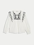 Pure Cotton Embroidered Frill Detail Blouse