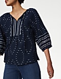 Cotton Rich Jacquard Tie Neck Popover Blouse