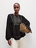 Embroidered Crew Neck Puff Sleeve Blouse