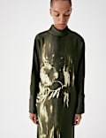 Floral Funnel Neck Midi Satin Column Dress