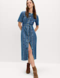 Denim Button Through Midi Waisted Dress