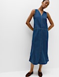 Denim V-Neck Tie Detail Midi Relaxed Dress