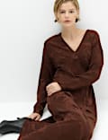 Satin Floral Jacquard V-Neck Midi Tea Dress