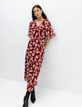 Robe midi avec col en V &agrave; nouer en mousseline florale
