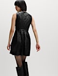 Faux Leather Embossed Crew Neck Mini Smock Dress