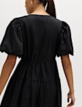 Pure Cotton Puff Sleeve Midi Waisted Dress